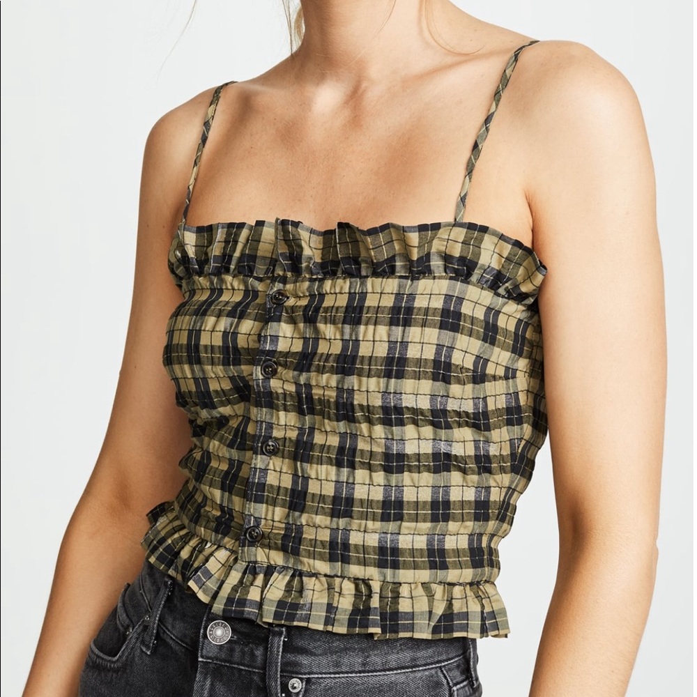 Ganni seersucker checked plaid tank top - olive and black